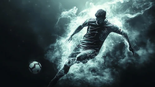 Digital soccer player figure in motion within smoky field.