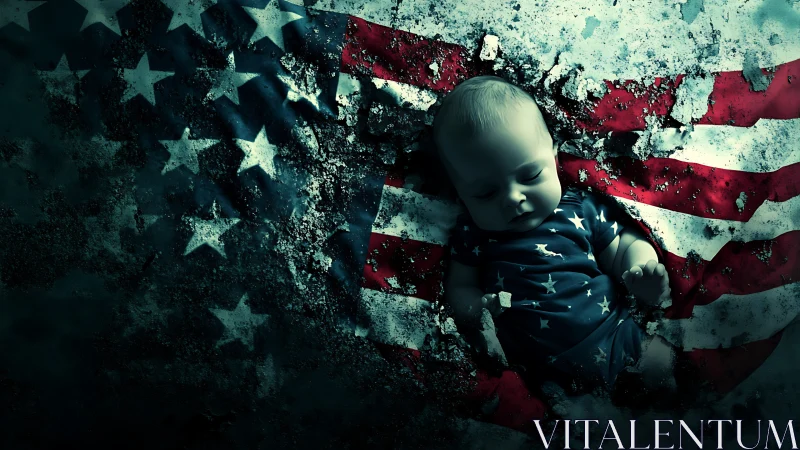 Sleeping baby nestled in a weathered American flag dreamscape.