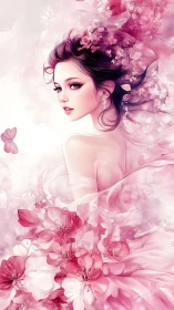 Blossom-kissed maiden gazes back in a dreamy pink haze