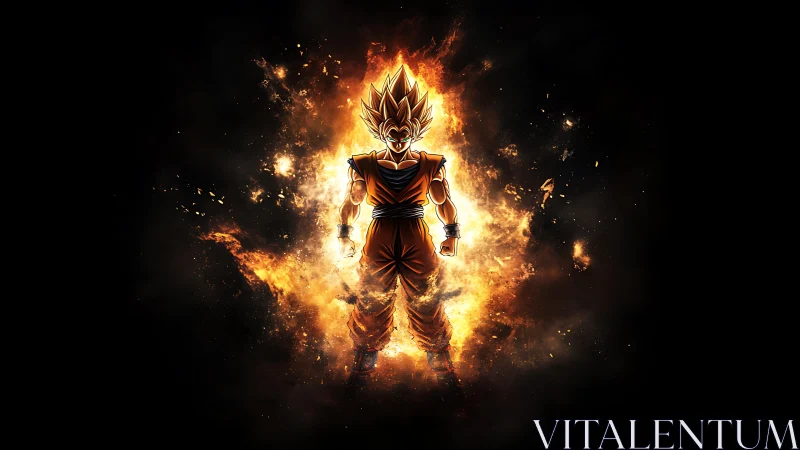 Fiery anime warrior ascends within blazing cosmic aura.
