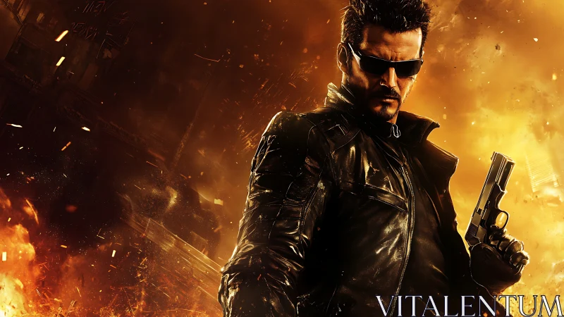 Armed man in leather coat amid intense fiery explosion.