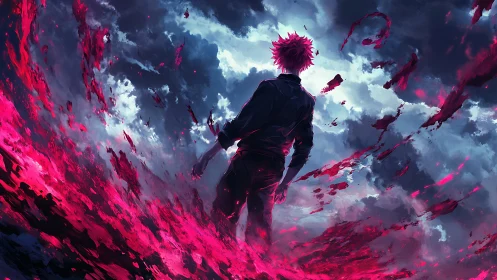Solitary figure commands crimson energy under storm sky