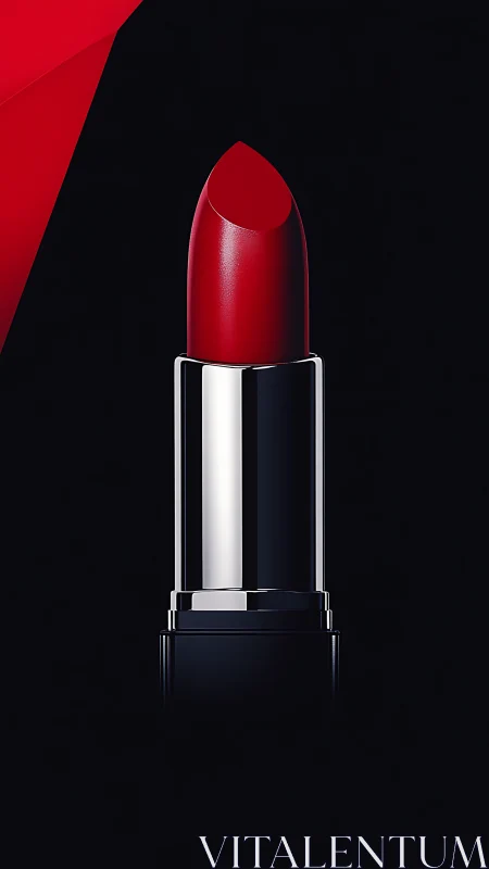 Red lipstick product on black background in close view.