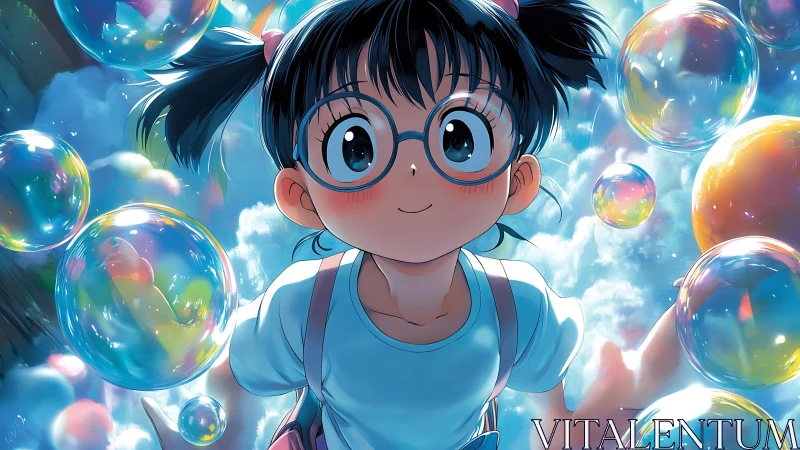 Skybound bubble dreamer with stargazed eyes and soft wonder.