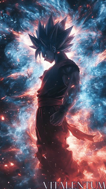 Energetic anime warrior silhouette in blue and red aura.