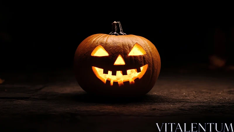Glowing jack-o’-lantern smiles on a dark Halloween night.