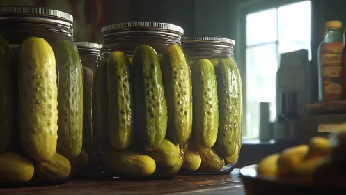 Sunlit jars of pickles quietly waiting on a cozy shelf.