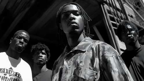 Urban street portrait group in dramatic hard sunlight.