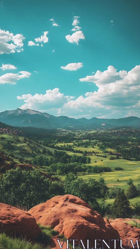 Photorealistic red rock valley with distant alpine ridge panorama.