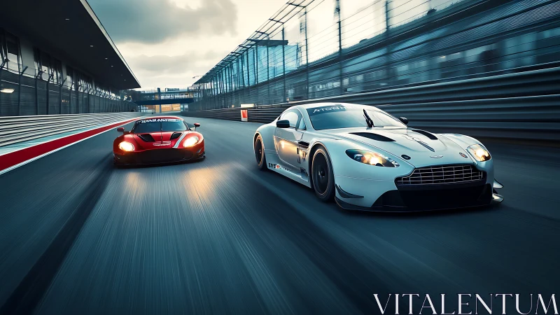 Twin GT racers chasing twilight speed along city track.