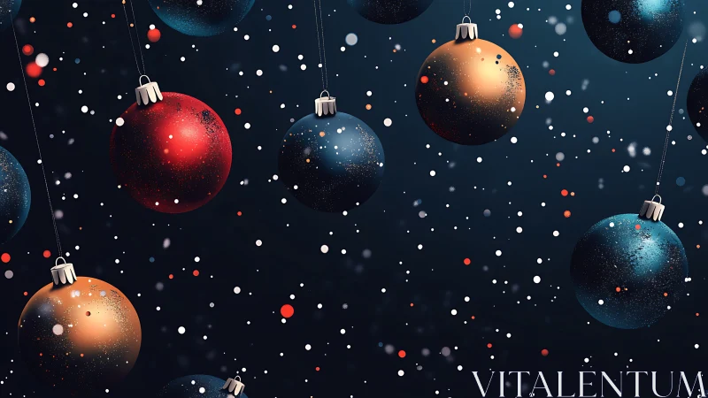 Glittering Christmas baubles drift in a softly falling snowfall.