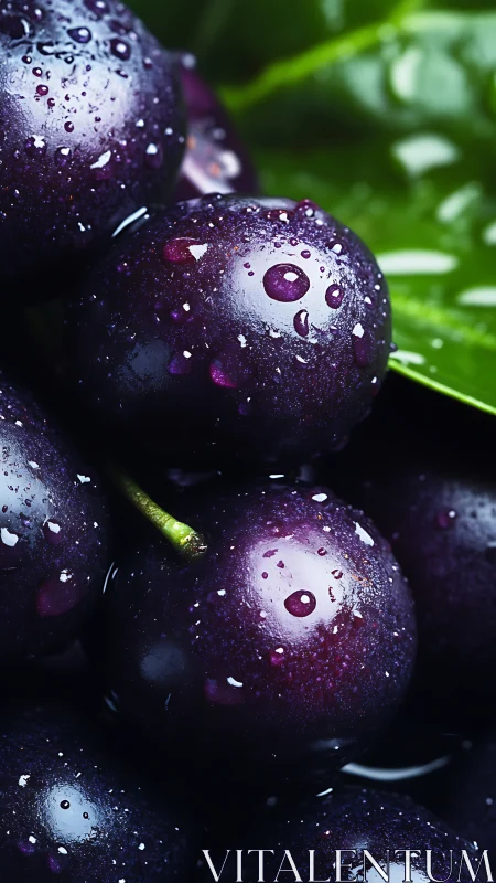 Juicy dark grapes glisten with dew against vivid green leaves