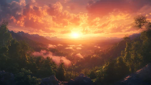 Sunlit mountain valley with mist and dramatic cloudscape.