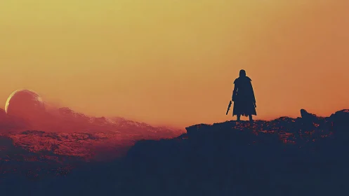 Lone armed wanderer surveys alien desert under molten sky