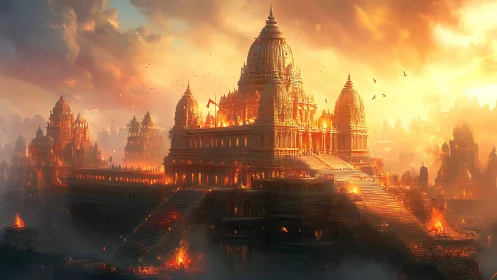 Tiered temple complex stands amid dense atmospheric haze