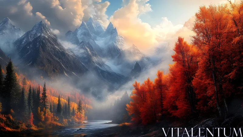 Emberwood river valley beneath storm-kissed titan peaks.