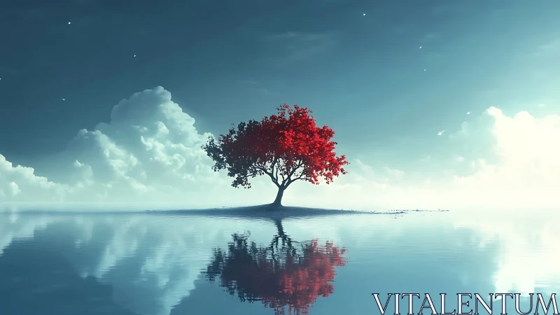 Solitary red tree reflects on tranquil cyan horizon plane