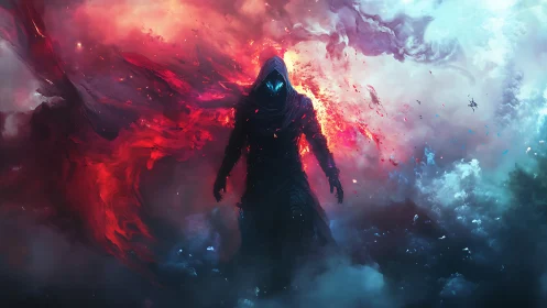 Hooded figure amid red and blue swirling energy clouds.