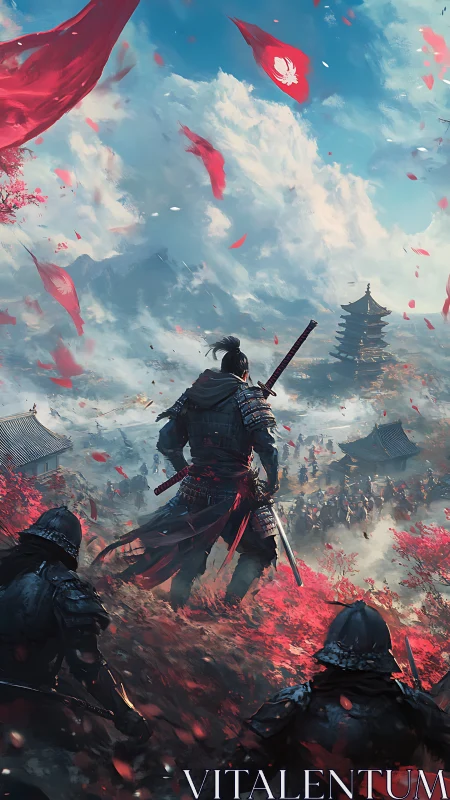 Samurai commander surveys battlefield beneath storm-swept banners