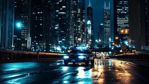 Nocturnal patrol car on reflective cyber-urban arterial roadway.