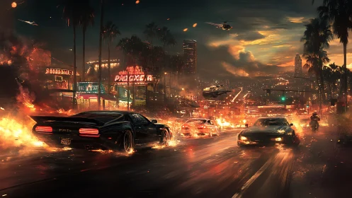Neon-lit muscle cars race through burning cyber-noir boulevard