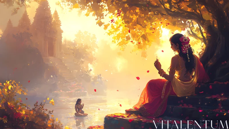 Serene riverside temple scene with two women at sunset.