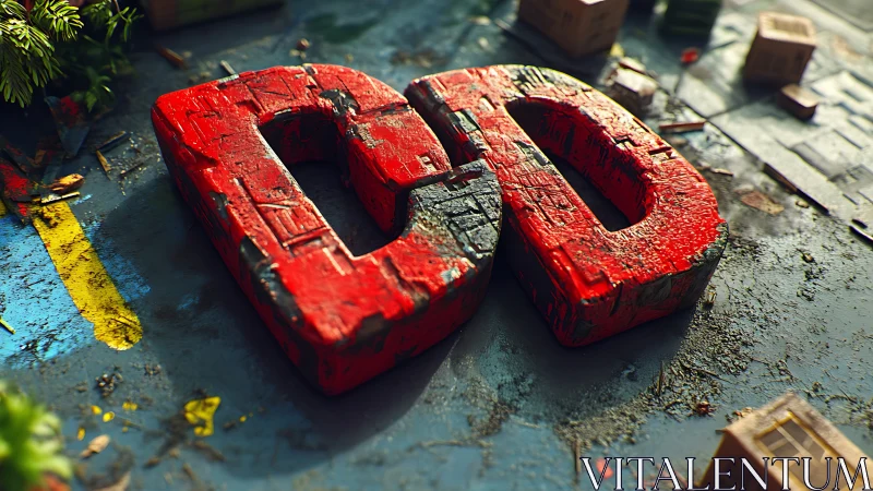 Eroded red 3D double zero blocks on gritty urban ground.