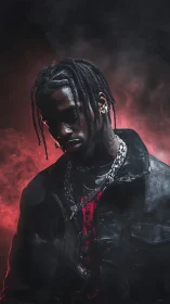 Moody hip-hop portrait glows against red cinematic haze.