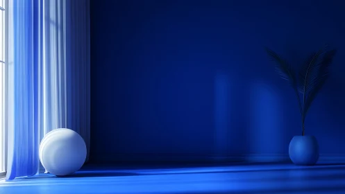 Monochrome blue interior with volumetric light and minimal forms.