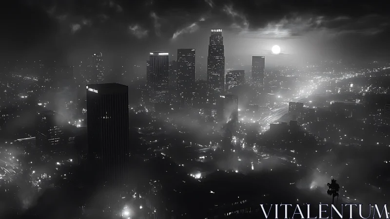 Midnight city skyline wrapped in fog and silver moonlight.