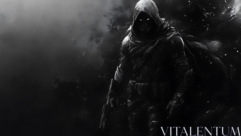 Hooded tactical assassin in monochrome smoke with high contrast lighting
