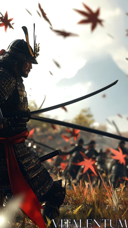 Samurai commander in red sash amid autumn battlefield storm.
