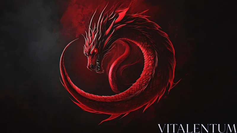 Crimson serpentine dragon coiled in circular infernal silhouette