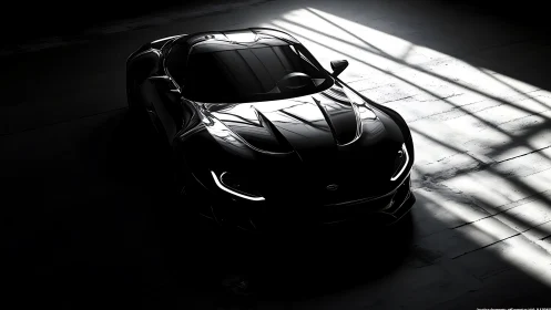 Sculpted black supercar in cinematic high-contrast side light.