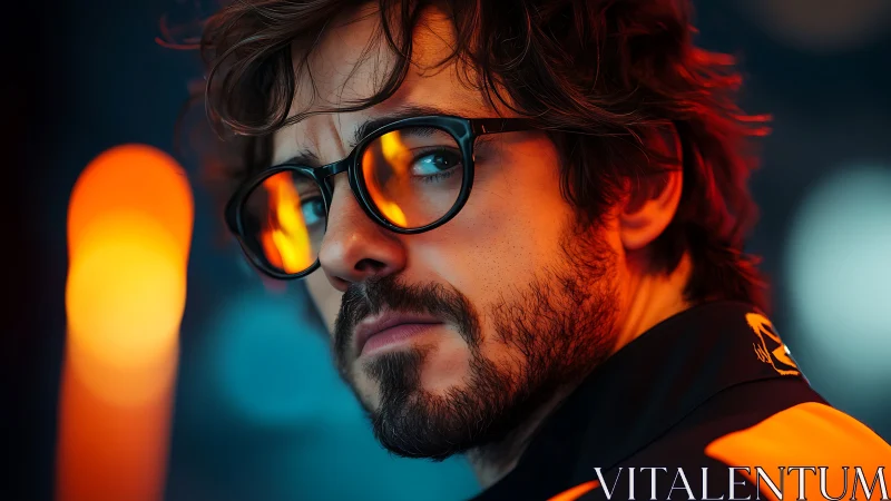 Warm neon reflections frame a thoughtful man in bold glasses