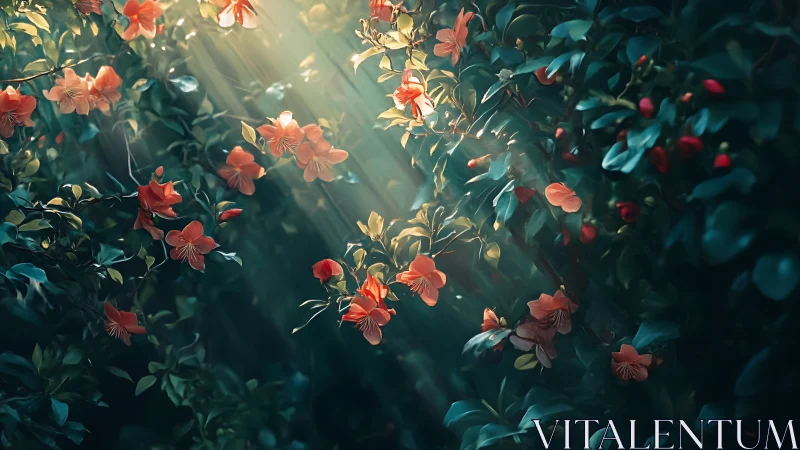Golden Sunlight Filtering Through Blooming Coral Flowers
