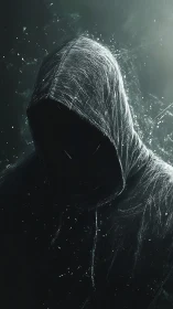 Shadowy hooded figure glows softly in drifting sparks