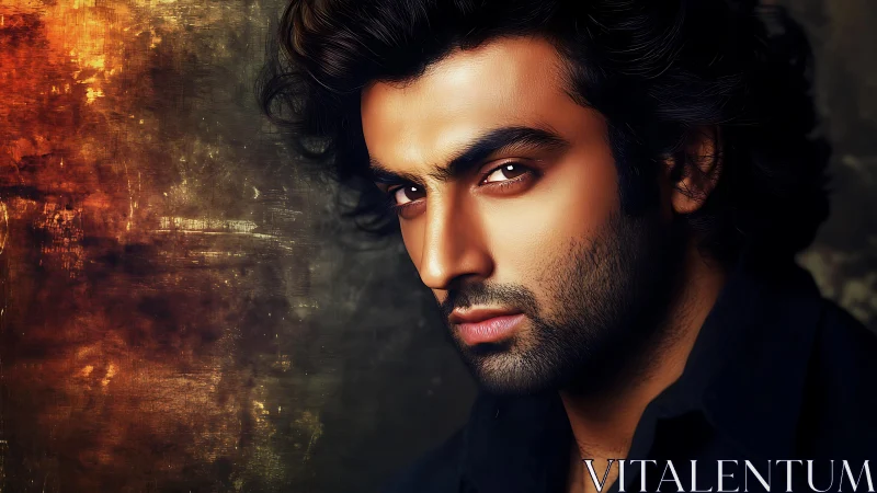 Intense male portrait against textured fiery background.