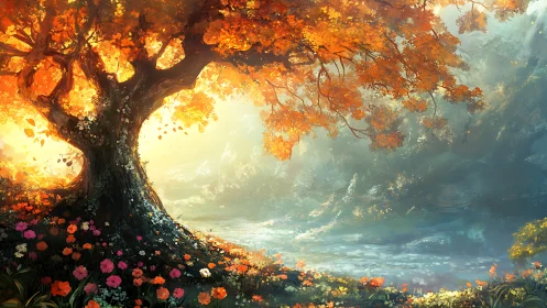 Ancient autumn tree illuminates misty riverside glade