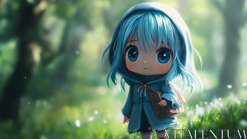 Blue haired chibi child in hooded coat standing in forest.
