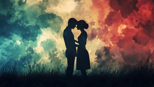 Silhouetted couple embracing against turbulent chromatic gradient atmosphere