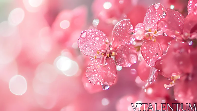 Dewy pink blossoms sparkling softly in gentle morning light.