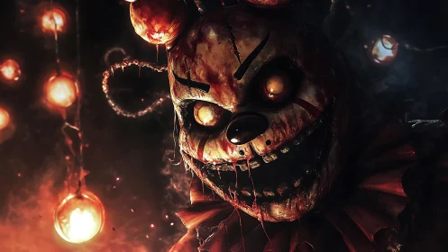 Grotesque clown automaton under infernal carnival lights.