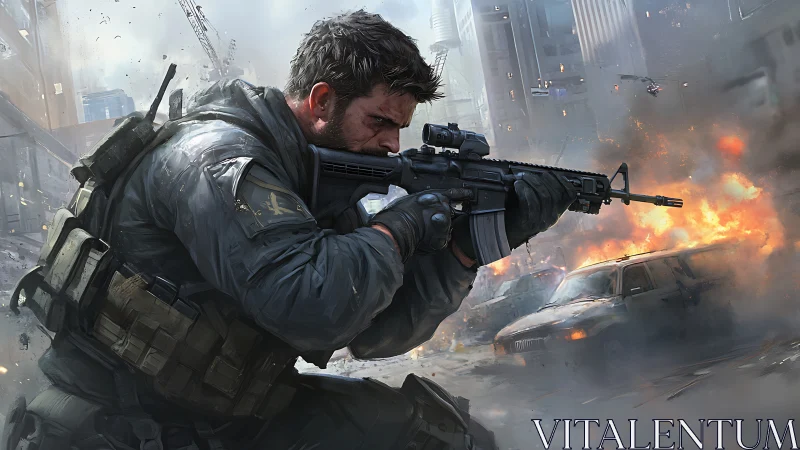 Tactical soldier with rifle in urban combat environment.