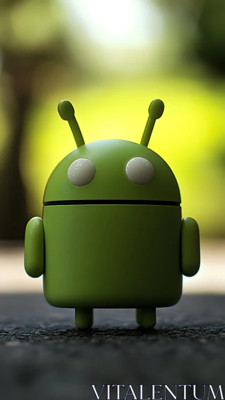 Green android toy stands sharply focused on blurred path