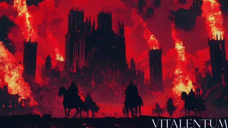 Dark citadel burns under crimson siege sky. Riders advance.