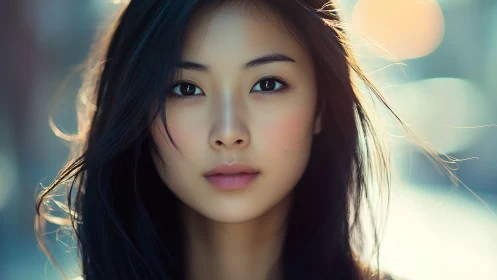 Serene young woman gazes into soft urban evening light