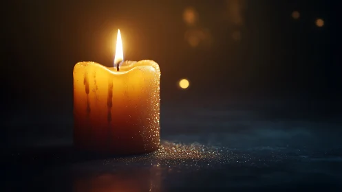Golden Paraffin Candle with Lit Flame and Crystalline Texture