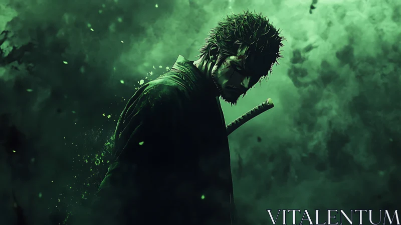 Emerald storm ronin broods within swirling ghostly mist.