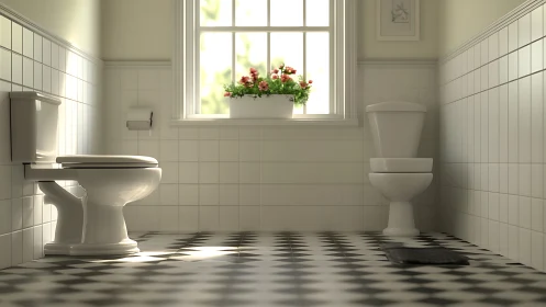 Sunlit tiled bathroom shows twin toilets and checkered floor